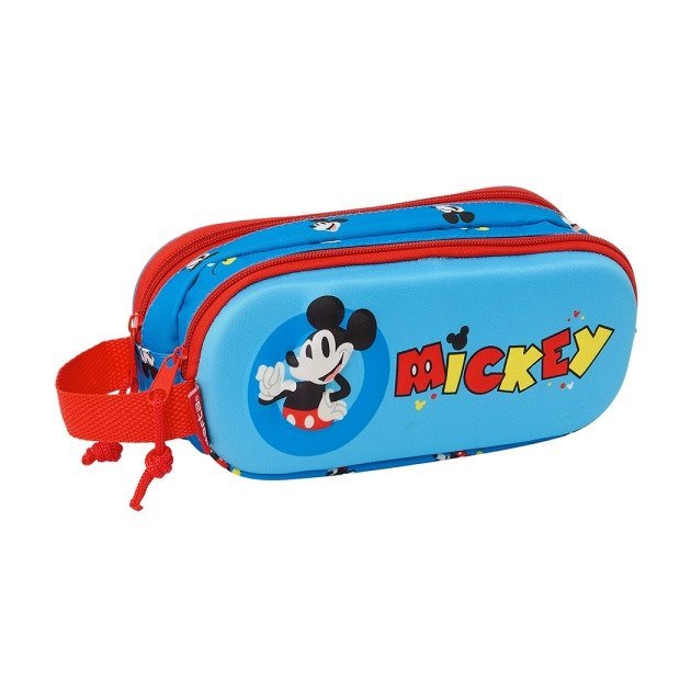 Estojo Safta Mickey Mouse 3D - 2 Compartimentos - Asa de Mão - 21x8x6cm - Vermelho e Azul