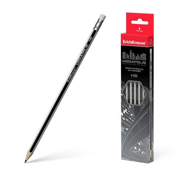Pack 12 lápis com borracha Erichkrause Megapolis HB - hexagonal / HB / preto