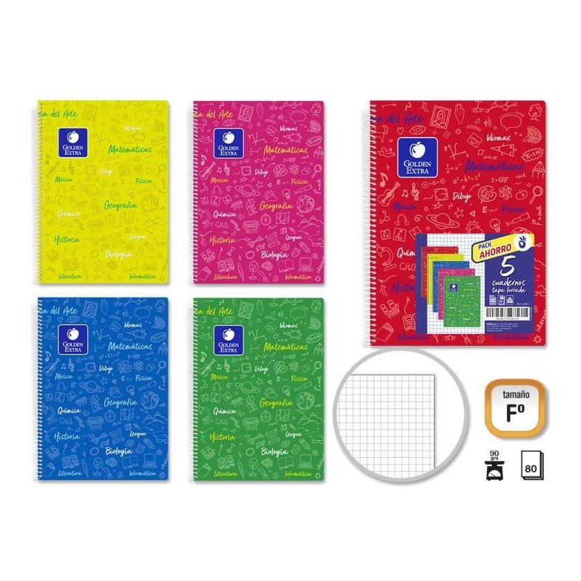 Pack 5 cadernos espiral Golden - 80 folhas / capa flexível / cores sortidas