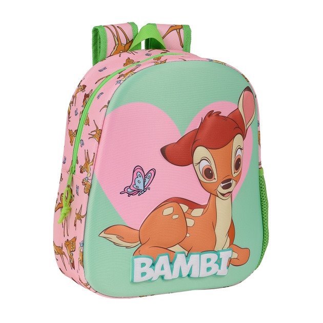 Mochila infantil Safta Bambi 3D - Asa de mão / Suporte lateral para garrafa / 27x33x10 cm / Verde pastel