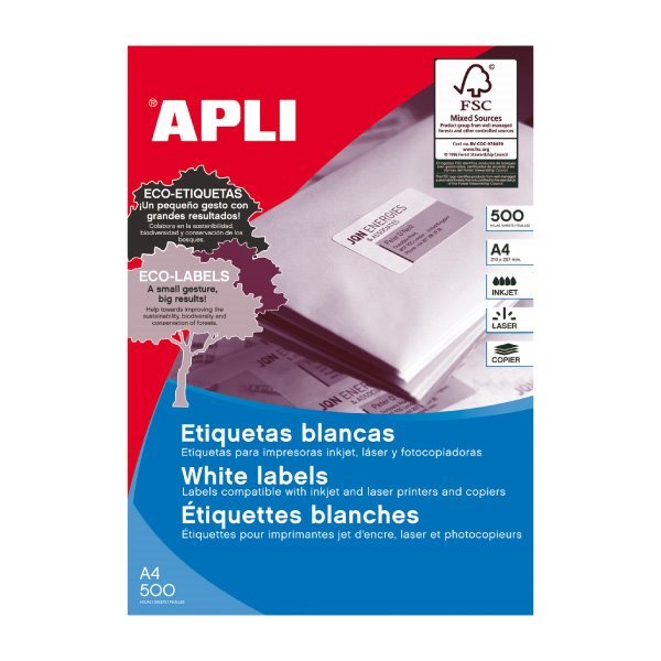 Etiquetas permanentes Apli 210 x 148 mm (500 folhas / 2 por folha)