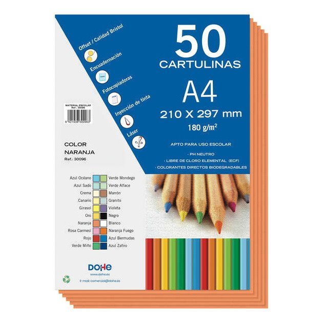 Pack de 50 Cartolinas Dohe - 180 g/m2 / A4 / Laranja