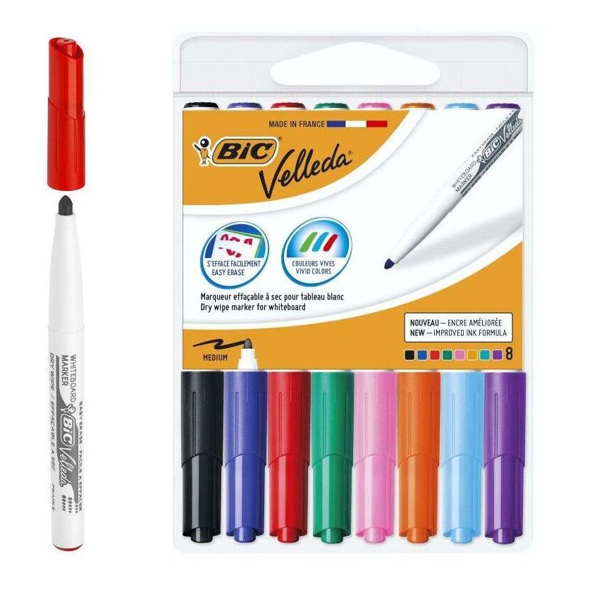 Pack 8 Marcadores Bic Velleda 1741 para Quadro Branco - traço de 1,4 mm / Cores sortidas
