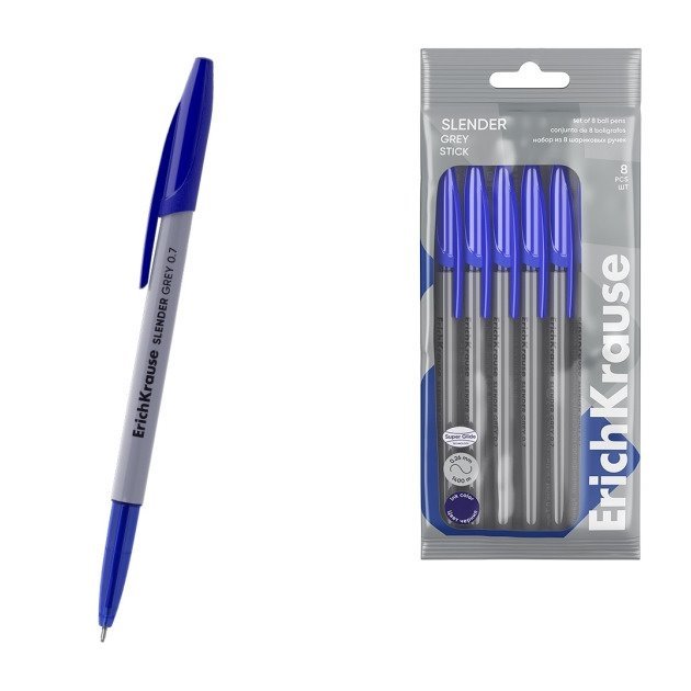 Pack 8 Esferográficas ErichKrause Slender Stick Grey - 0,7 mm / Tinta Azul