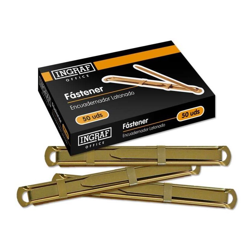 Pack 50 encadernadores fastener metálicos dourados com aba
