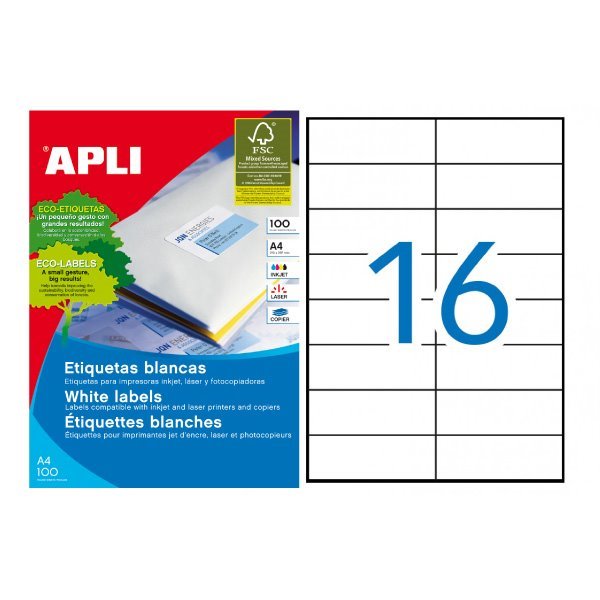 Etiquetas permanentes Apli 105 x 37 mm (100 folhas / 16 por folha)