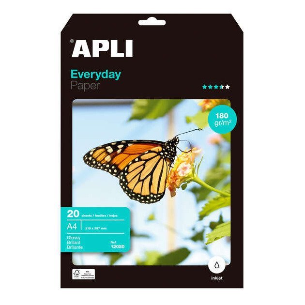 Papel fotográfico jato tinta Apli A4 Brilhante (180g / 20 folhas)