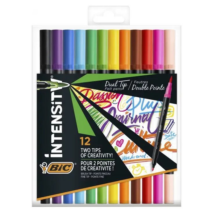 Pack 12 Canetas de feltro Bic Intensity Dual Tip - ponta de pincel e ponta fina
