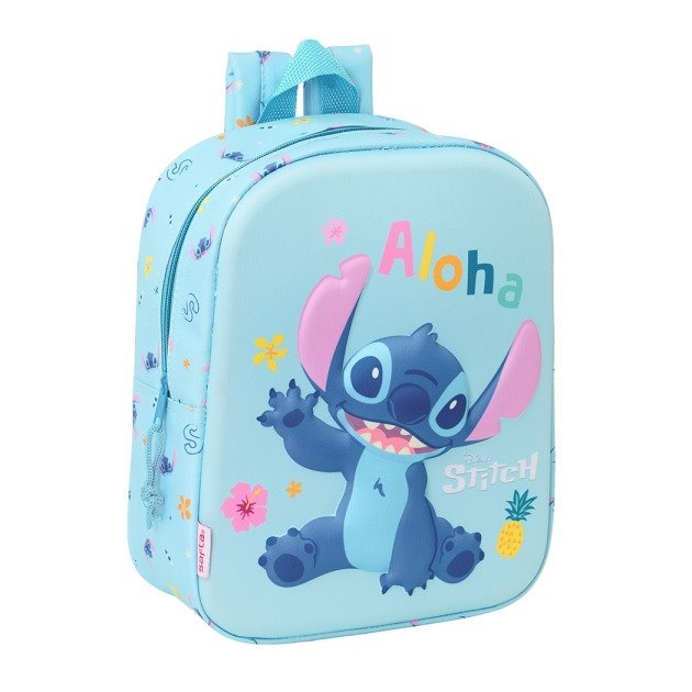 Mochila de creche Safta Stitch 3D - Asa de mão / Compartimento principal com fecho / 22x27x10 cm / Azul