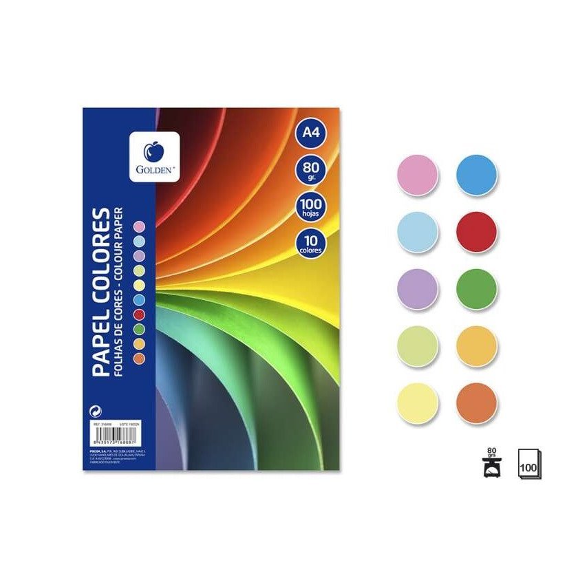 Pack de 100 Folhas Coloridas Golden - A4 / 80 gm2 / Cores Sortidas