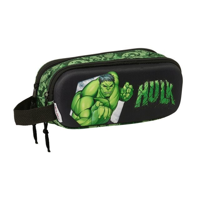 Estojo Safta Hulk 3D - 2 Compartimentos - Asa de Mão - 21x8x6cm - Preto/Verde