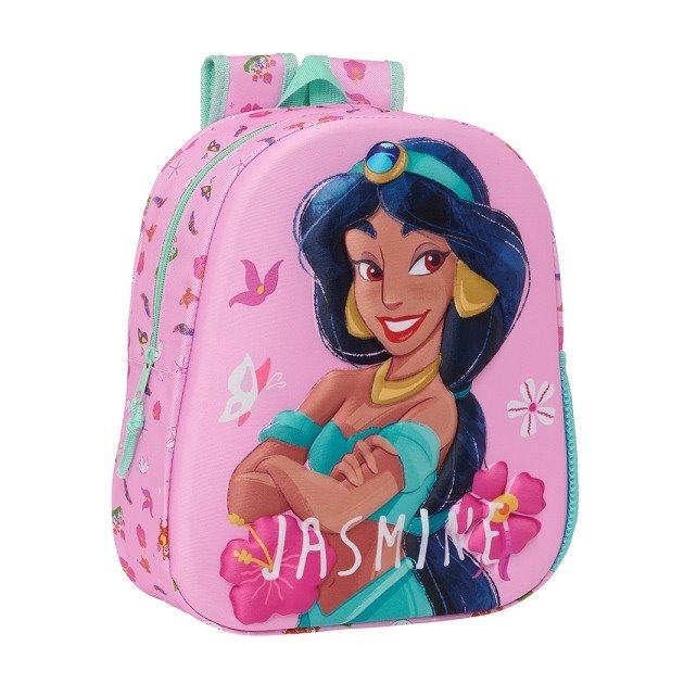 Mochila infantil Safta Jasmine 3D - Asa de mão / Suporte lateral para garrafa / 27x33x10 cm / Rosa