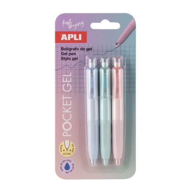 Pack 3 Mini Canetas de Gel Retráteis Apli Pocket - Tinta Gel Azul / Corpo em Cores Pastel