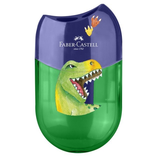 Afia lápis Faber-Castell Dinossauro - 2 orifícios / Com depósito / verde e azul