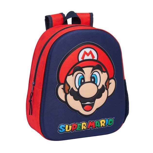 Mochila infantil Safta Super Mario 3D - Asa de mão / Suporte lateral para garrafa / 27x33x10 cm / Vermelho e azul