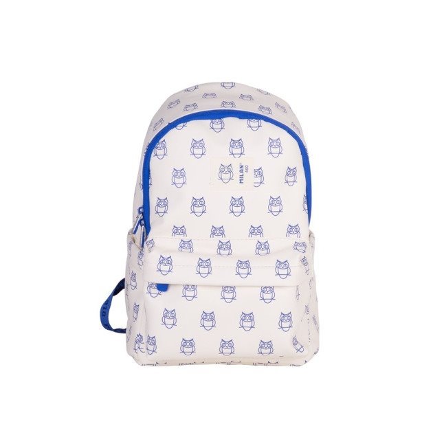 Mochila infantil Milan Coleção 460 - 9.5L / Compartimento principal e bolso frontal com fecho / 2 bolsos laterais / Bege e azul
