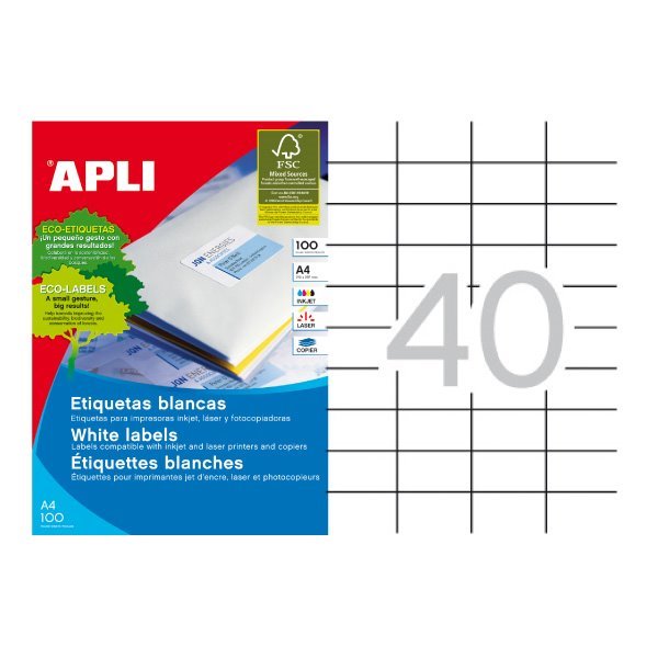 Etiquetas permanentes Apli 52.5 x 29.7 mm (100 folhas / 40 por folha)