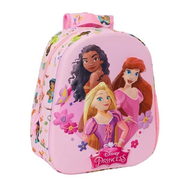 Mochila infantil Safta Princesas Disney 3D - Asa de mão / Suporte lateral para garrafa / 27x33x10 cm / Rosa