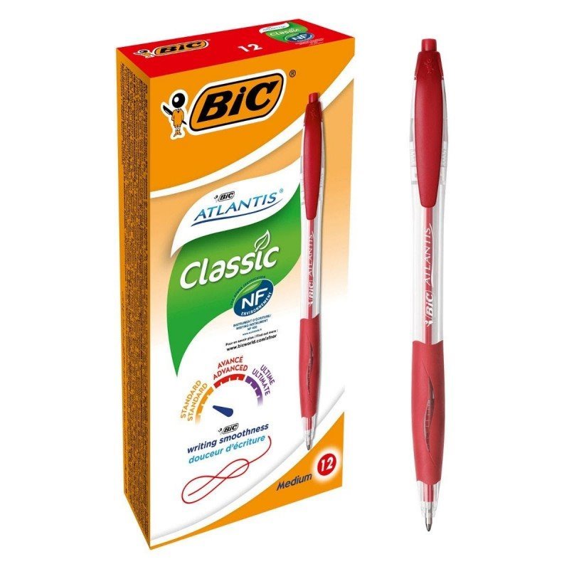 Pack 12 esferográficas Bic Atlantis Classic vermelho - ponta retrátil 1mm