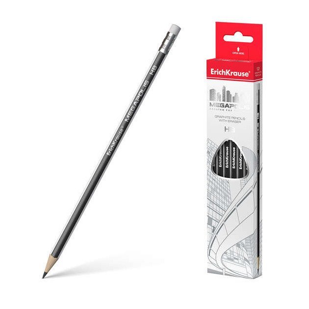Pack 12 lápis com borracha Erichkrause Megapolis HB - triangular / HB / preto