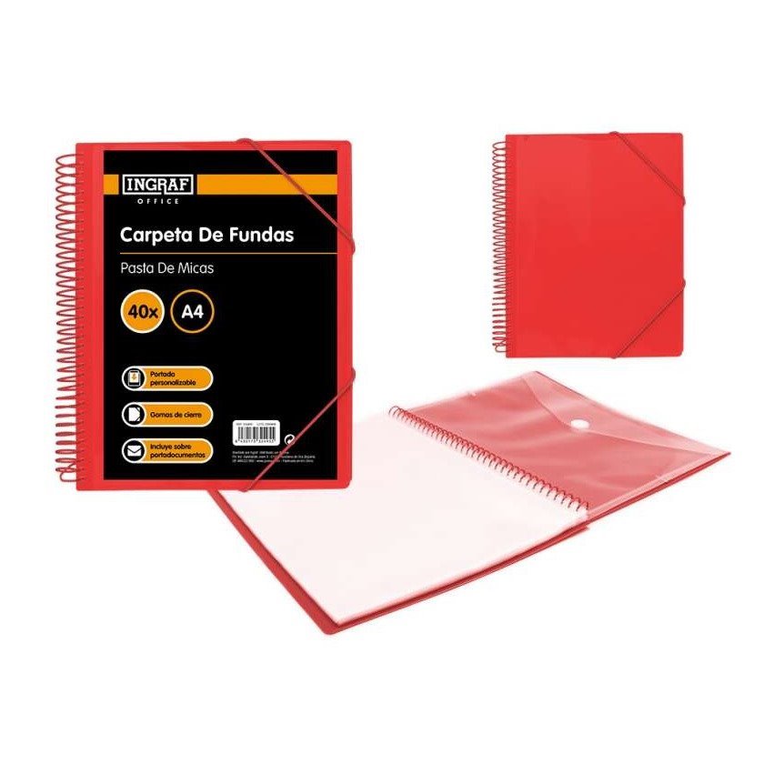 Pasta com 40 bolsas transparentes Ingraf - A4+ / Bolsa com mola / Espiral plástica indeformável / Abertura 360 graus / Capa personalizável / Cor vermelho
