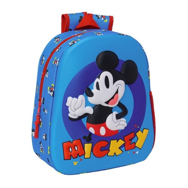Mochila infantil Safta Mickey Mouse 3D - Asa de mão / Suporte lateral para garrafa / 27x33x10 cm / Azul