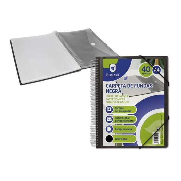 Pasta com 40 bolsas transparentes Bismark - Formato A4+ / Inclui bolsa porta-documentos / Fecho com elásticos