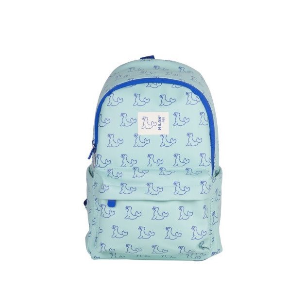 Mochila infantil Milan Coleção 460 - 9.5L / Compartimento principal e bolso frontal com fecho / 2 bolsos laterais / Verde e azul