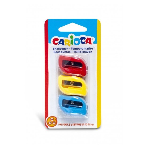 Pack de 3 afia lápis Carioca - 1 orifício / Para lápis ou gizes triangulares, redondos e hexagonais / cores sortidas