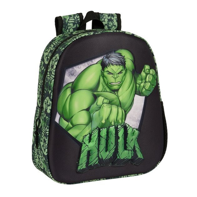 Mochila infantil Safta Hulk 3D - Asa de mão / Suporte lateral para garrafa / 27x33x10 cm / Preto e verde