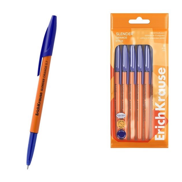 Pack 8 Esferográficas ErichKrause Slender Stick Orange - 0,7 mm / Tinta Azul