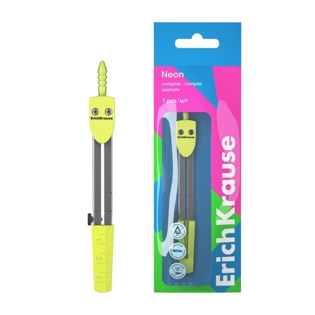 Compasso escolar ErichKrause Neon - Raio máx 180mm / Amarelo