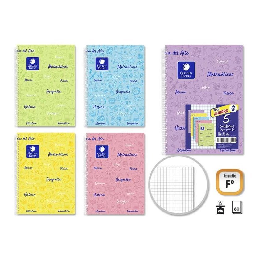Pack 5 cadernos espiral Golden - 80 folhas / capa flexível / cores pastel sortidas