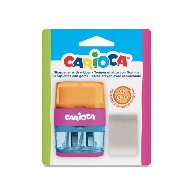 Afia lápis Carioca - 2 orifícios / Com borracha e depósito / Diâmetro máximo 10,2 mm / Cores sortidas