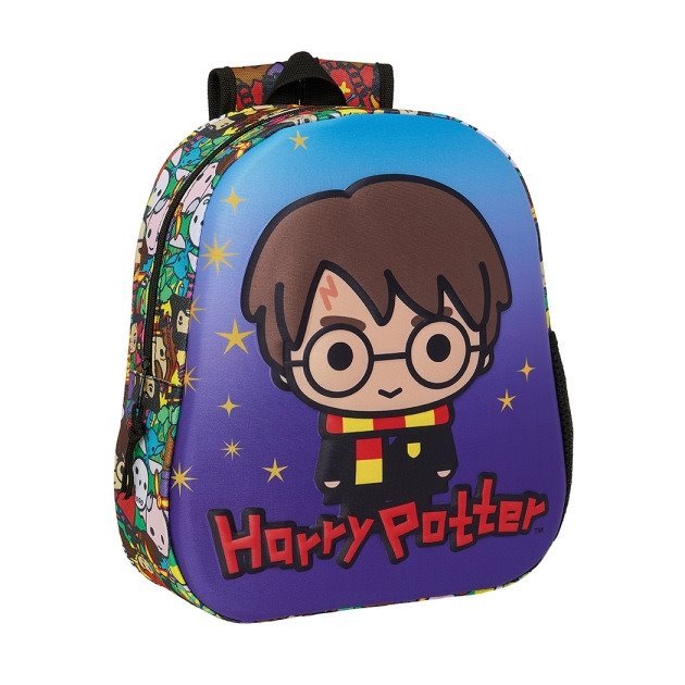 Mochila infantil Safta Harry Potter 3D - Asa de mão / Suporte lateral para garrafa / 27x33x10 cm / Azul