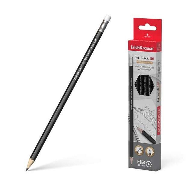 Pack 12 lápis com borracha Erichkrause Jet Black 101 - hexagonal / HB / preto