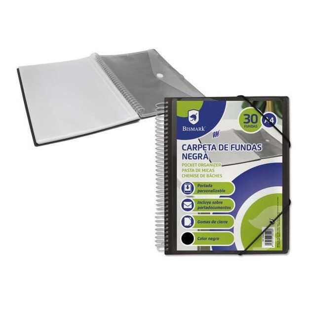 Pasta com 30 bolsas transparentes Bismark - Formato A4+ / Inclui bolsa porta-documentos / Fecho com elásticos