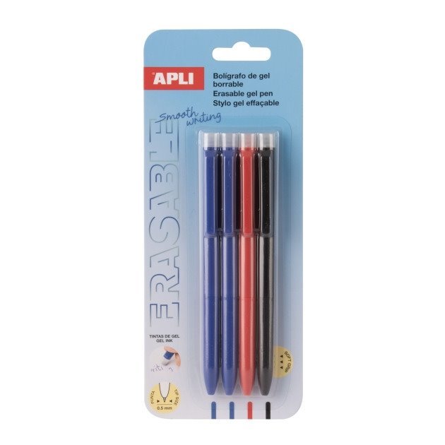 Pack de 4 Canetas de Gel Apagáveis Apli - 0,5 mm / Azul Preto e Vermelho