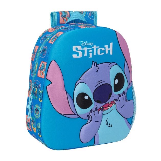 Mochila infantil Safta Stitch 3D - Asa de mão / Suporte lateral para garrafa / 27x33x10 cm / Azul