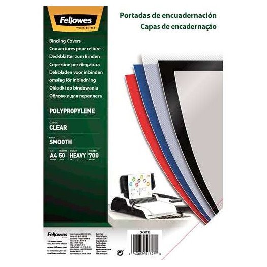 Pack de 50 capas de encadernação Fellowes – polipropileno / A4 / 700 mícrons / acabamento de qualidade / transparente
