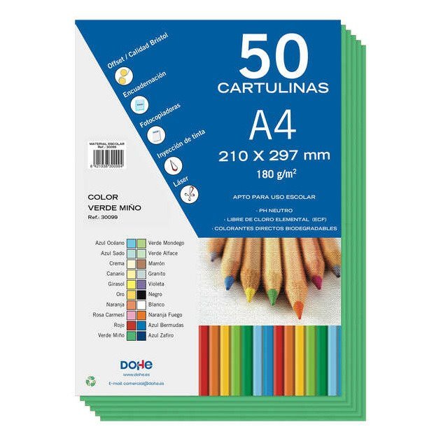 Pack de 50 Cartolinas Dohe - 180 g/m2 / A4 / Verde