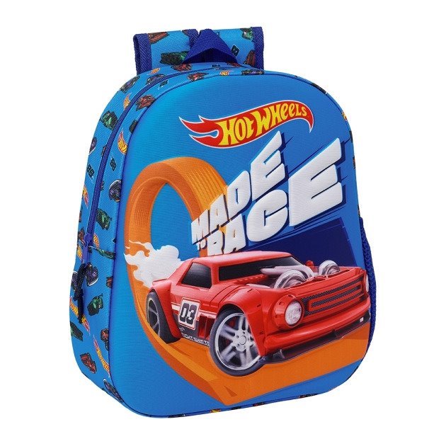 Mochila infantil Safta Hot Wheels 3D - Asa de mão / Suporte lateral para garrafa / 27x33x10 cm / Azul