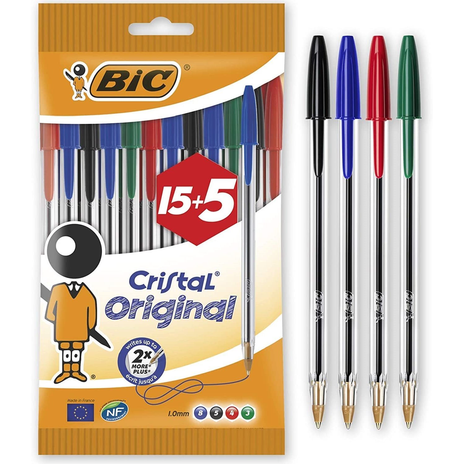 Pack 20 esferográficas Bic cristal original sortido - ponta redonda 1mm