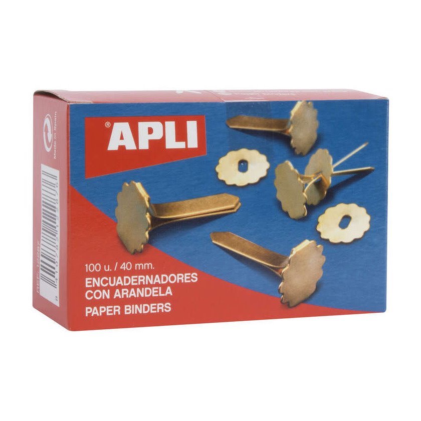 Pack 100 encadernadores metálicos Apli - 40mm / com anilha / dourado