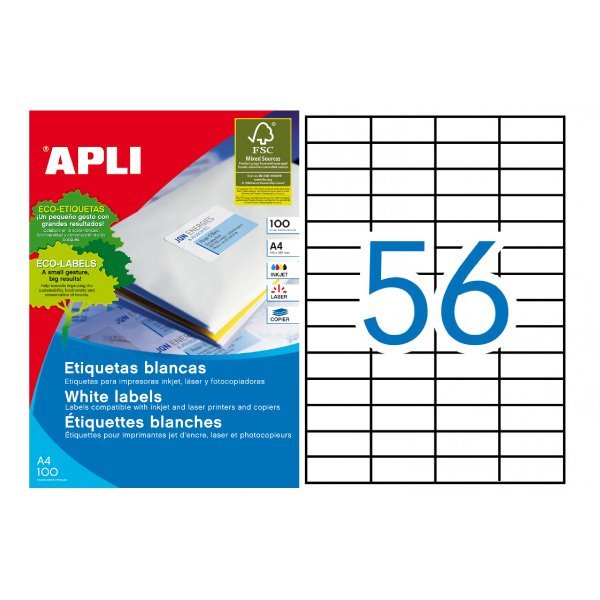 Etiquetas permanentes Apli 52.5 x 21.2 mm (100 folhas / 56 por folha)