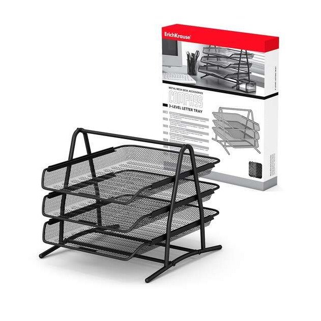 Bandeja para Documentos de 3 Níveis ErichKrause Compass - Aço inoxidável / até 200 folhas por nível / Preto