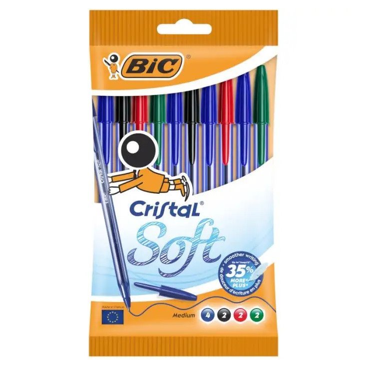 Pack 10 esferográficas Bic Cristal Soft cores sortidas - ponta média 1.2mm