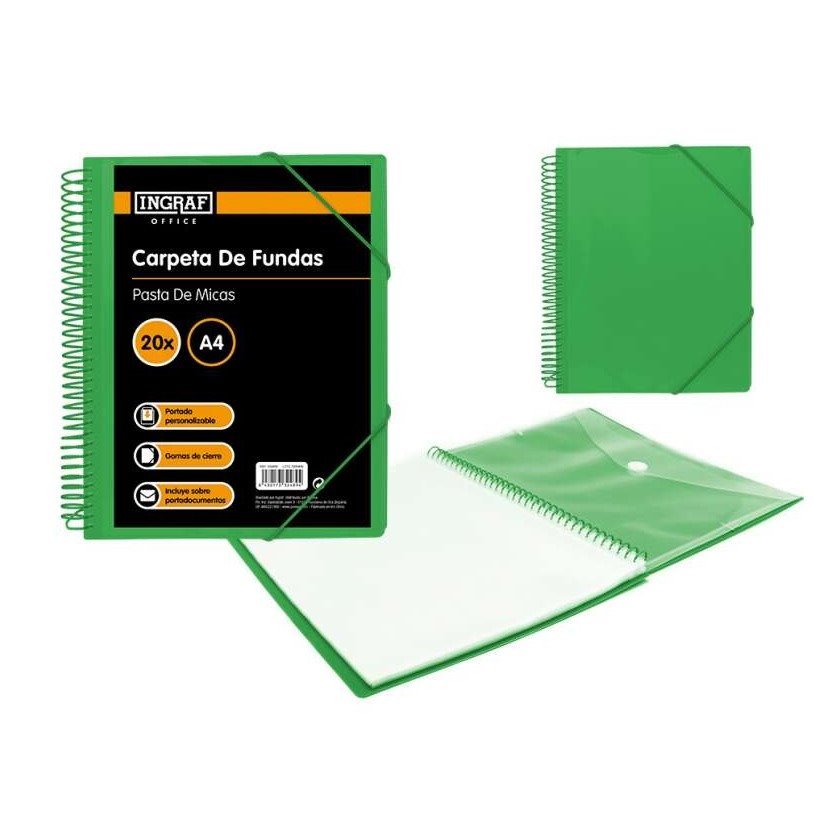 Pasta com 20 bolsas transparentes Ingraf - A4+ / Bolsa com mola / Espiral plástica indeformável / Abertura 360 graus / Capa personalizável / Cor verde