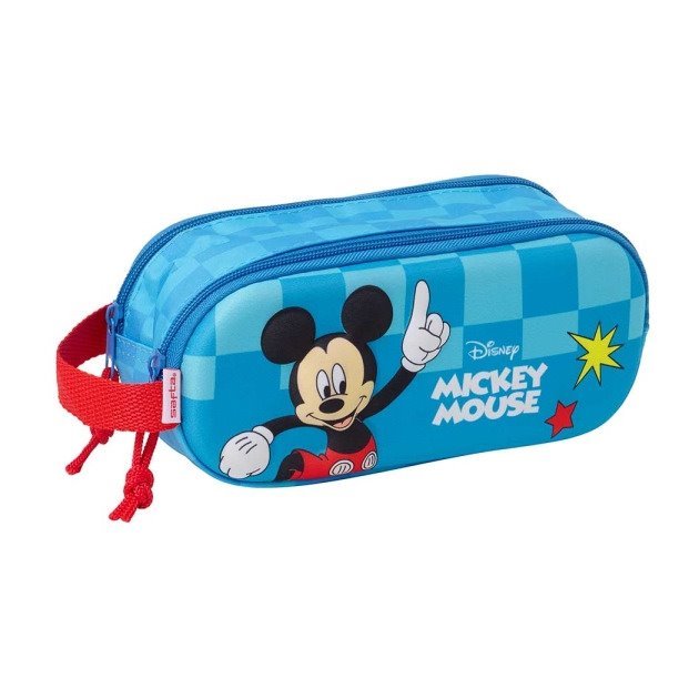 Estojo Safta Mickey Mouse 3D - 2 Compartimentos - Fecho de Correr - Asa de Mão 