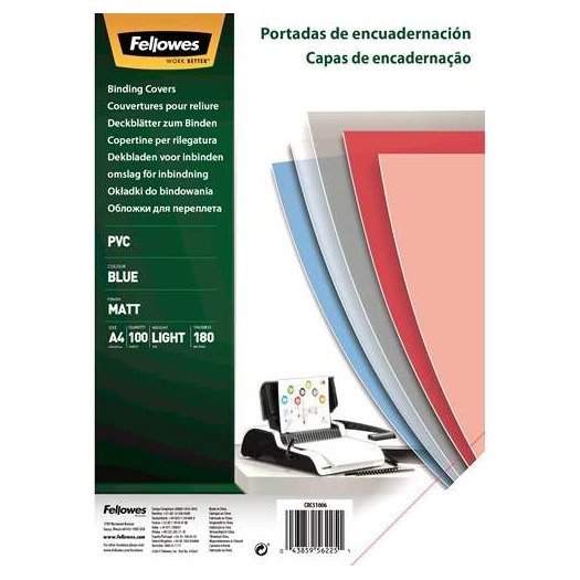 Pack de 100 capas de encadernação Fellowes – PVC / A4 / 180 mícrons / alta qualidade / azul